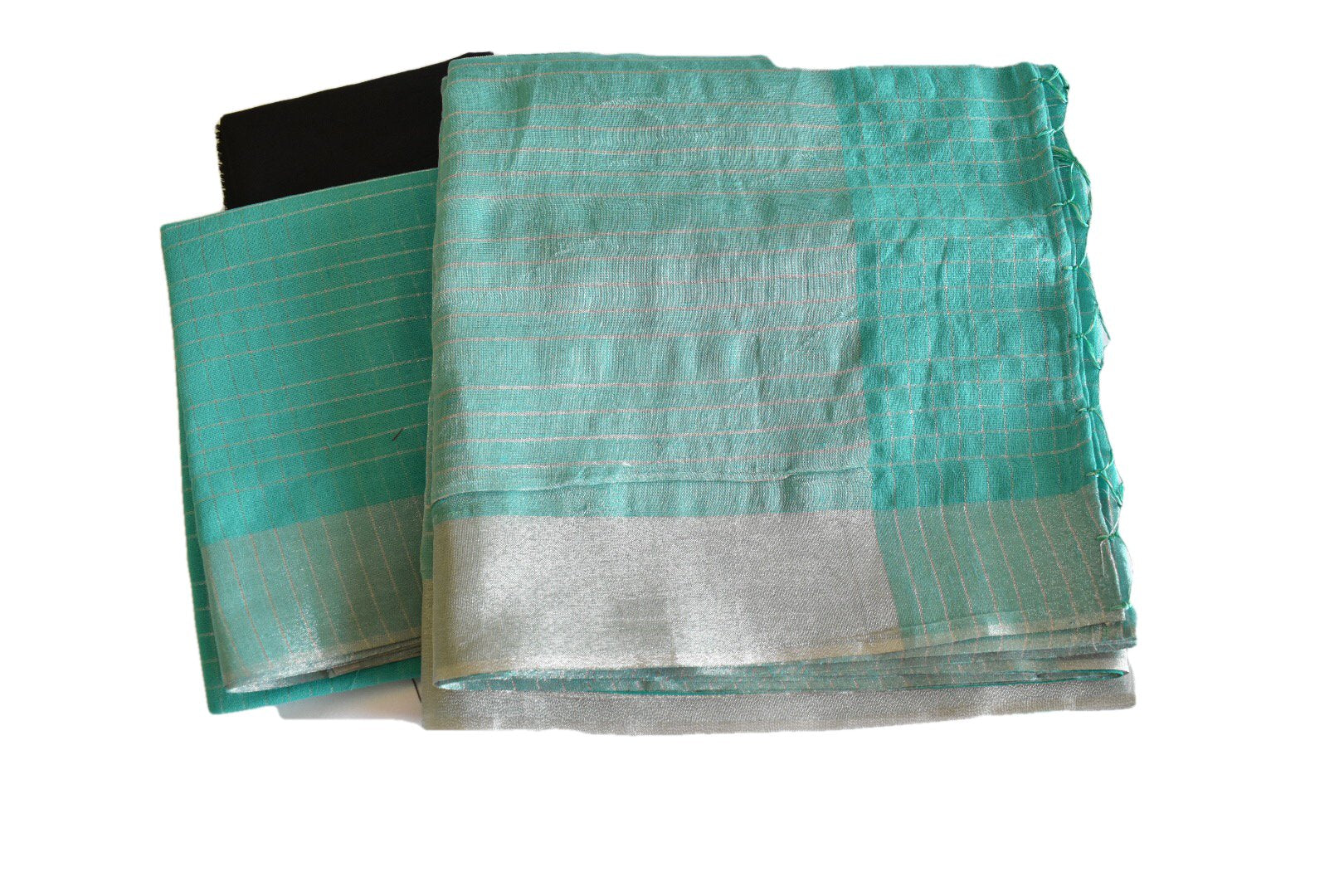 Pastel Turquoise Green Color - Silk Cotton Handloom Saree -  Silver Border And Lines