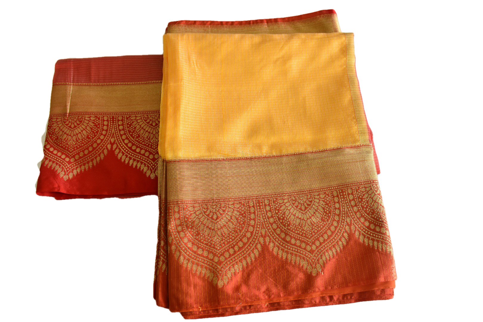 Yellow Color - Silk Cotton Handloom Saree - Thick Wide Border - Gold Zari Pattern