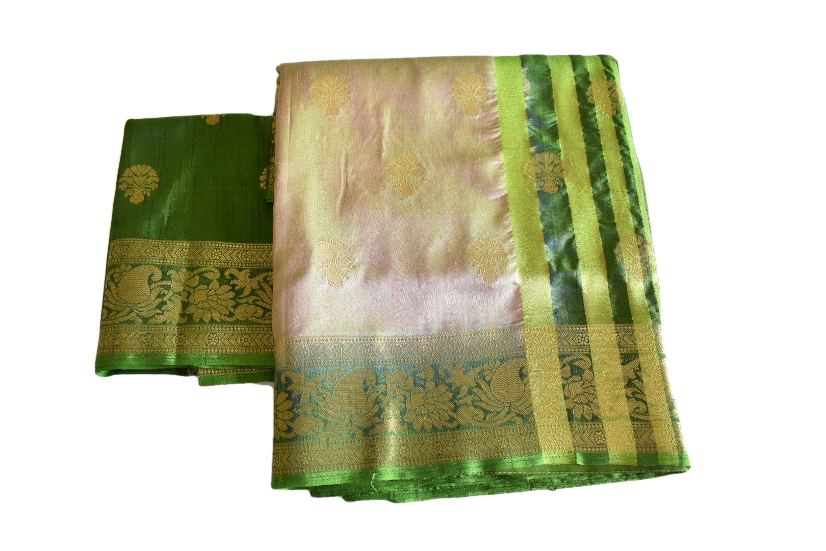 Soft Silk Blend Saree - Pistachio Green Two-Tone Color - Silk Blend Saree, Floral Zari Design