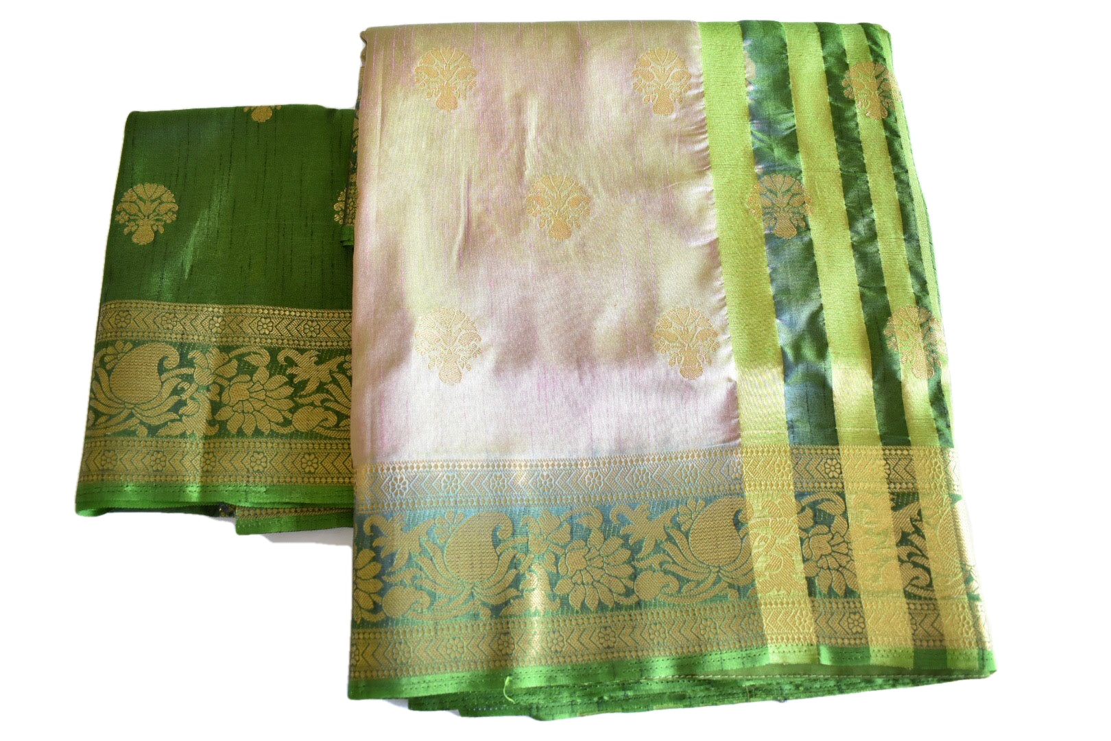 Soft Silk Blend Saree - Pistachio Green Two-Tone Color - Silk Blend Saree, Floral Zari Design