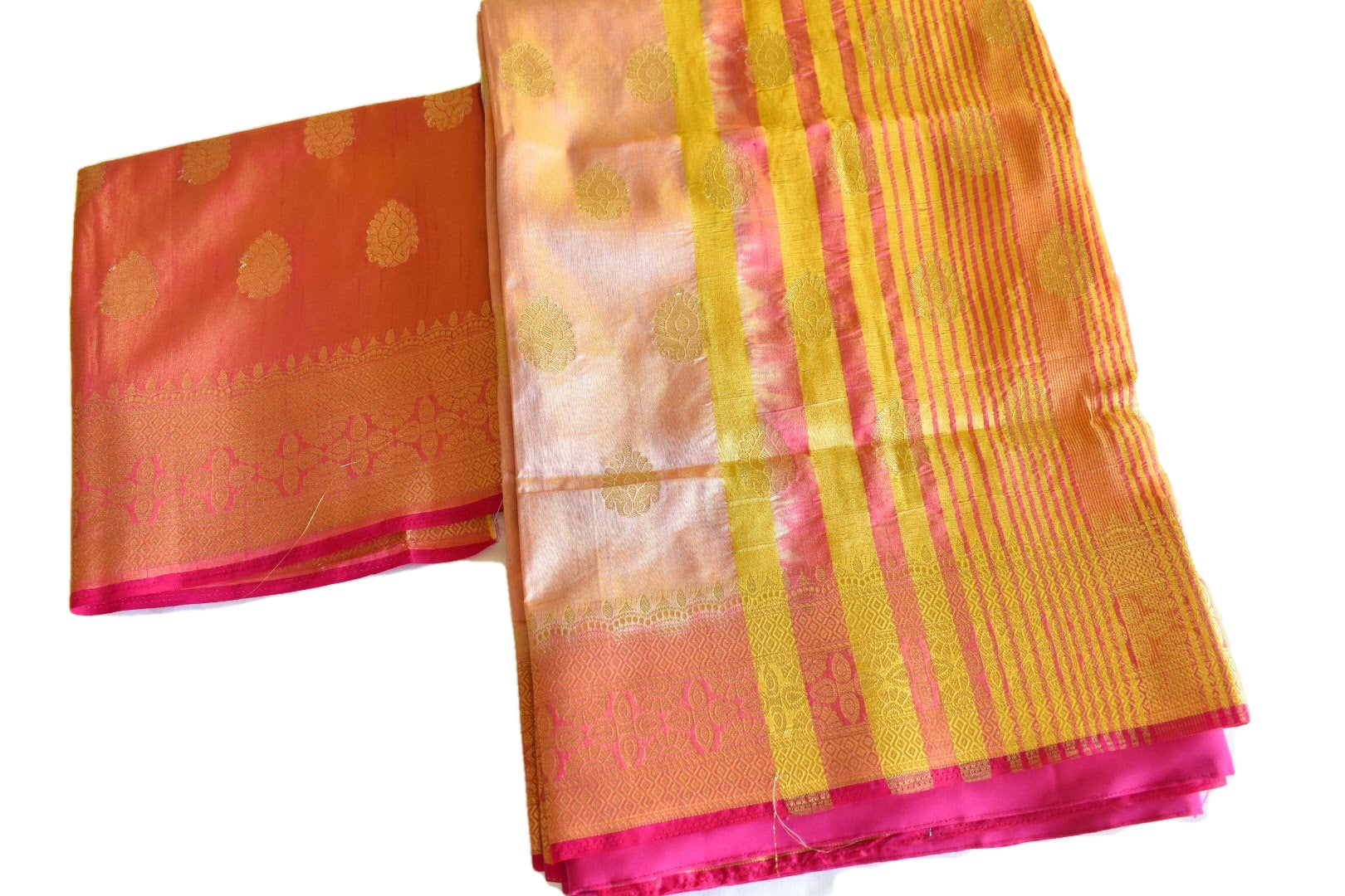 Soft Silk Blend Saree - Peach Pink Two-Tone Color - Pure Silk Blend Saree, Floral Zari Design