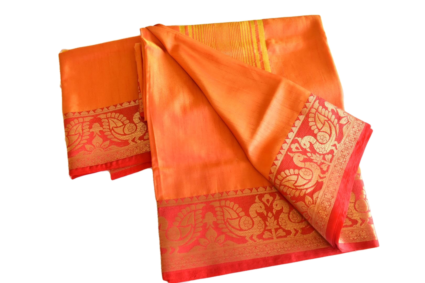 Soft Silk Saree - Orange Color Two-Tone - Silk Blend Saree, Peacock Zari Design