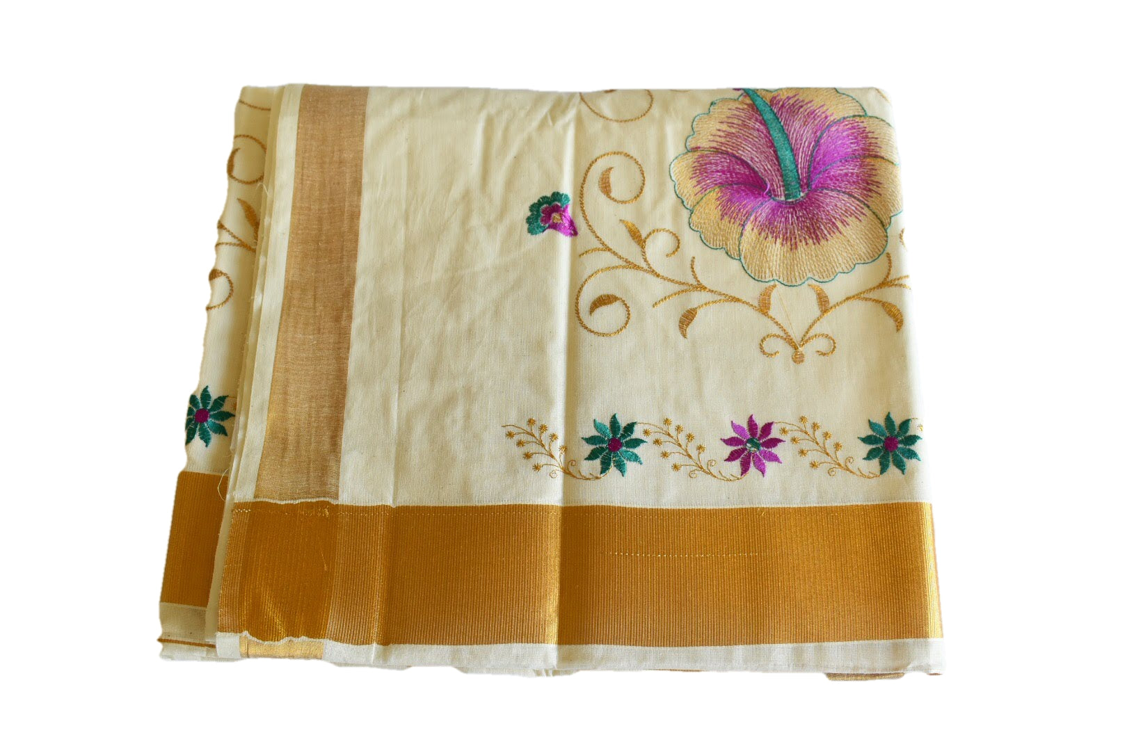 Ivory White Color - Embroidered Kasavu Saree - Pure Silk Thread Embroidered Cotton Saree - Flower Embroidery VII