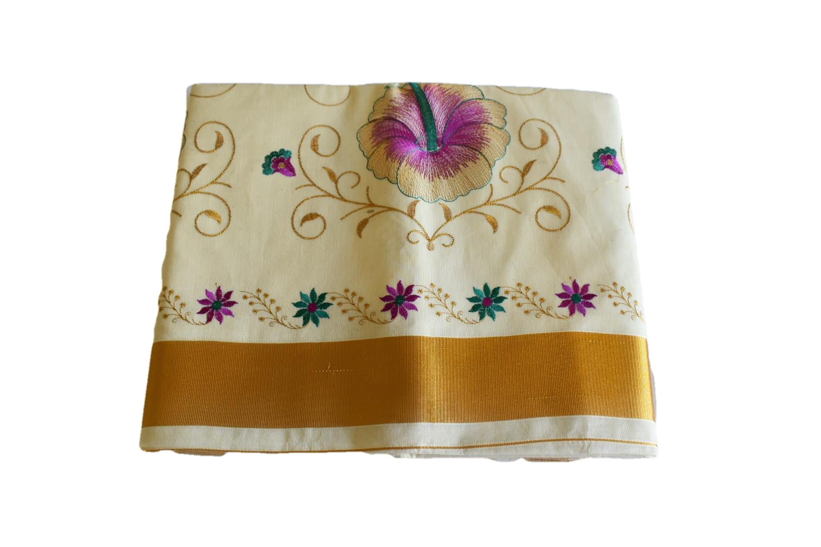 Ivory White Color - Embroidered Kasavu Saree - Pure Silk Thread Embroidered Cotton Saree - Flower Embroidery VII