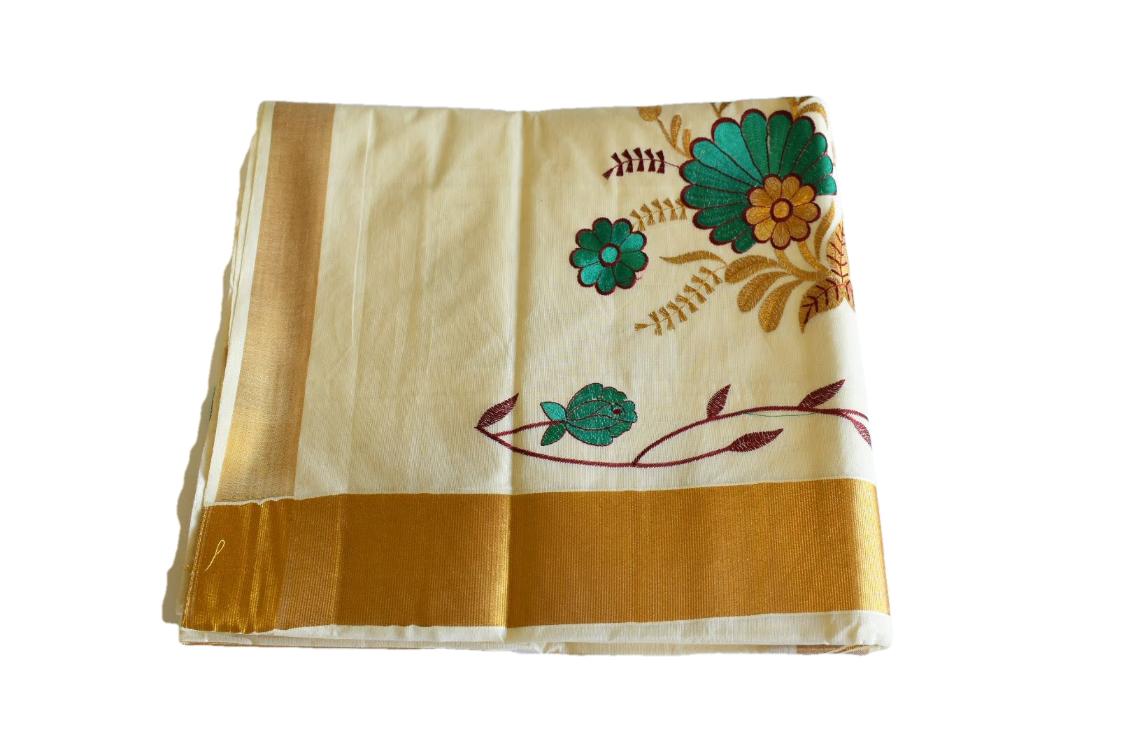 Ivory White Color - South Kasavu Cotton Saree - Pure Silk Thread Embroidered - Flower Embroidery