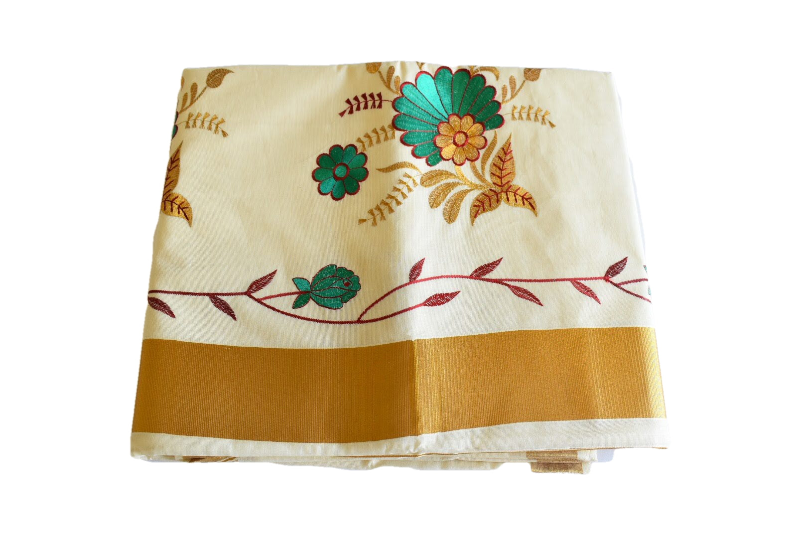 Ivory White Color - South Kasavu Cotton Saree - Pure Silk Thread Embroidered - Flower Embroidery
