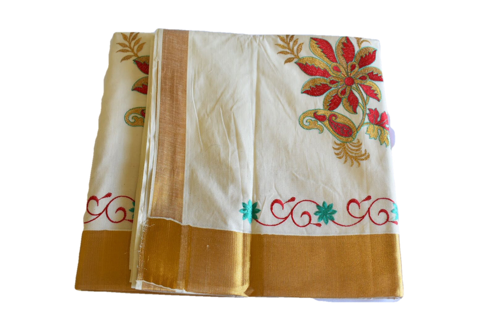 Cream With Floral Printed Design And Silver Zari Border Kerala Set Saree. |  Jolly Silks - The Destination Of Silks | Online shopping site - Jolly Silks