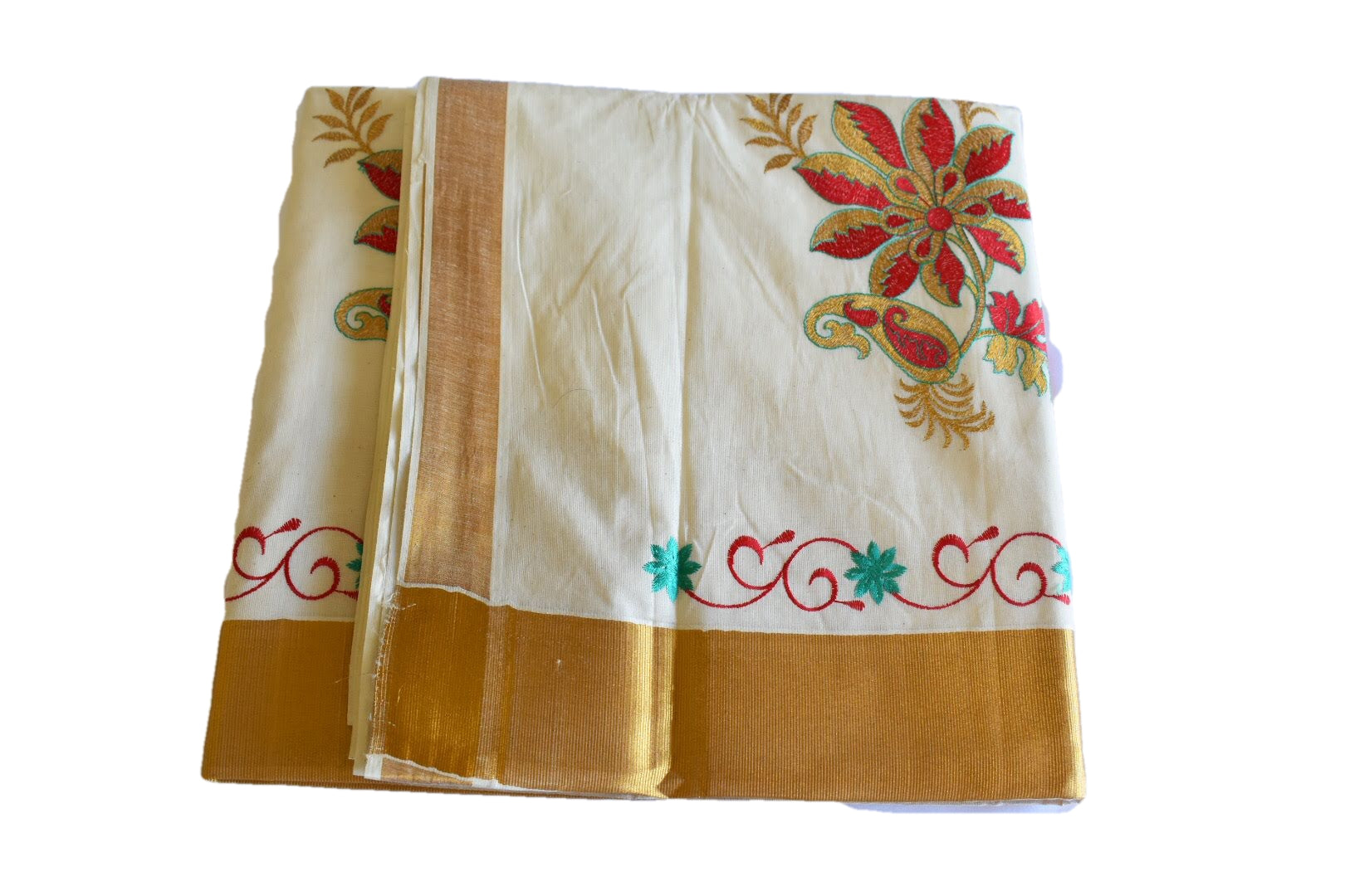 Ivory White Color - South Kasavu Cotton Saree - Pure Silk Thread Embroidered - Flower Embroidery