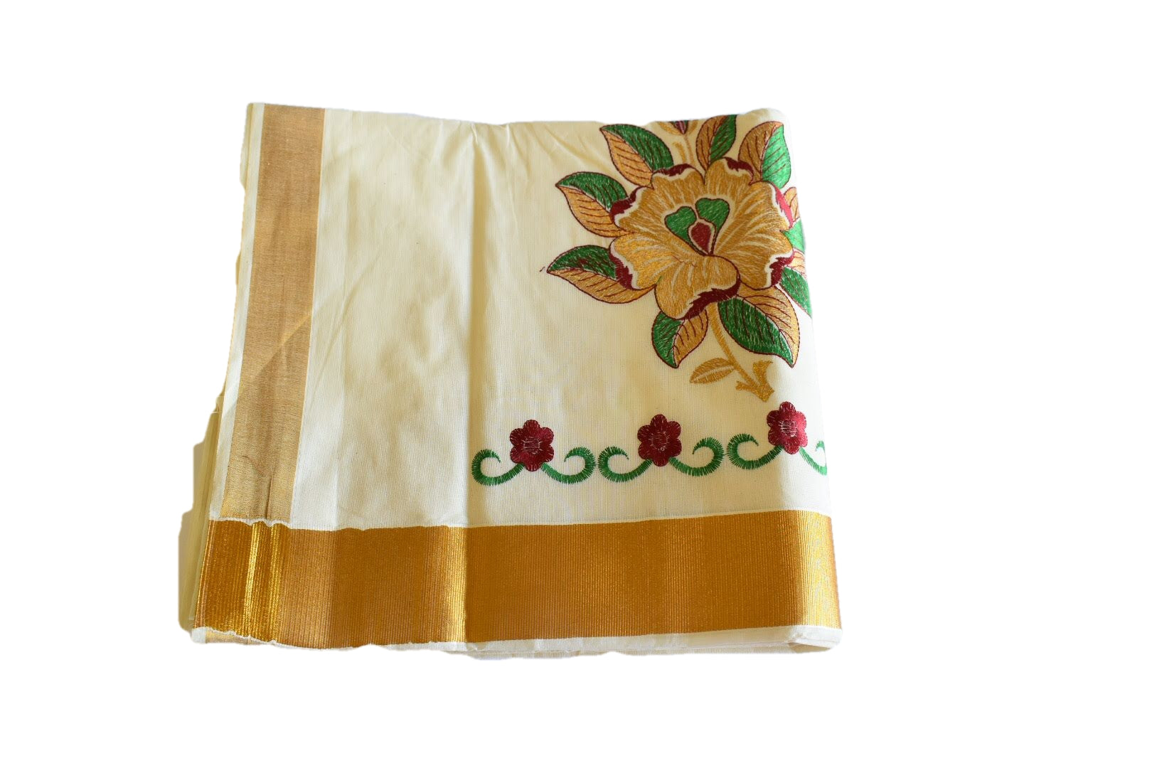 Ivory Cream Color - Kasavu Cotton Mul Mul Saree - Silk Thread Embroidered - Flower Embroidery
