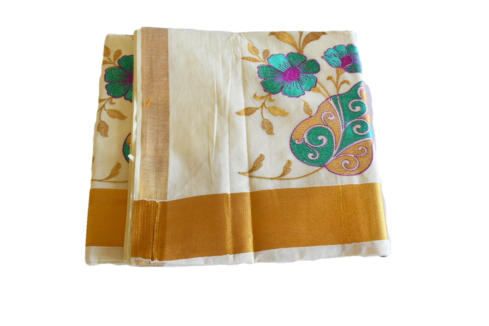 Ivory White Color - South Kasavu Cotton Saree - Pure Silk Thread Embroidered - Flower Embroidery VI
