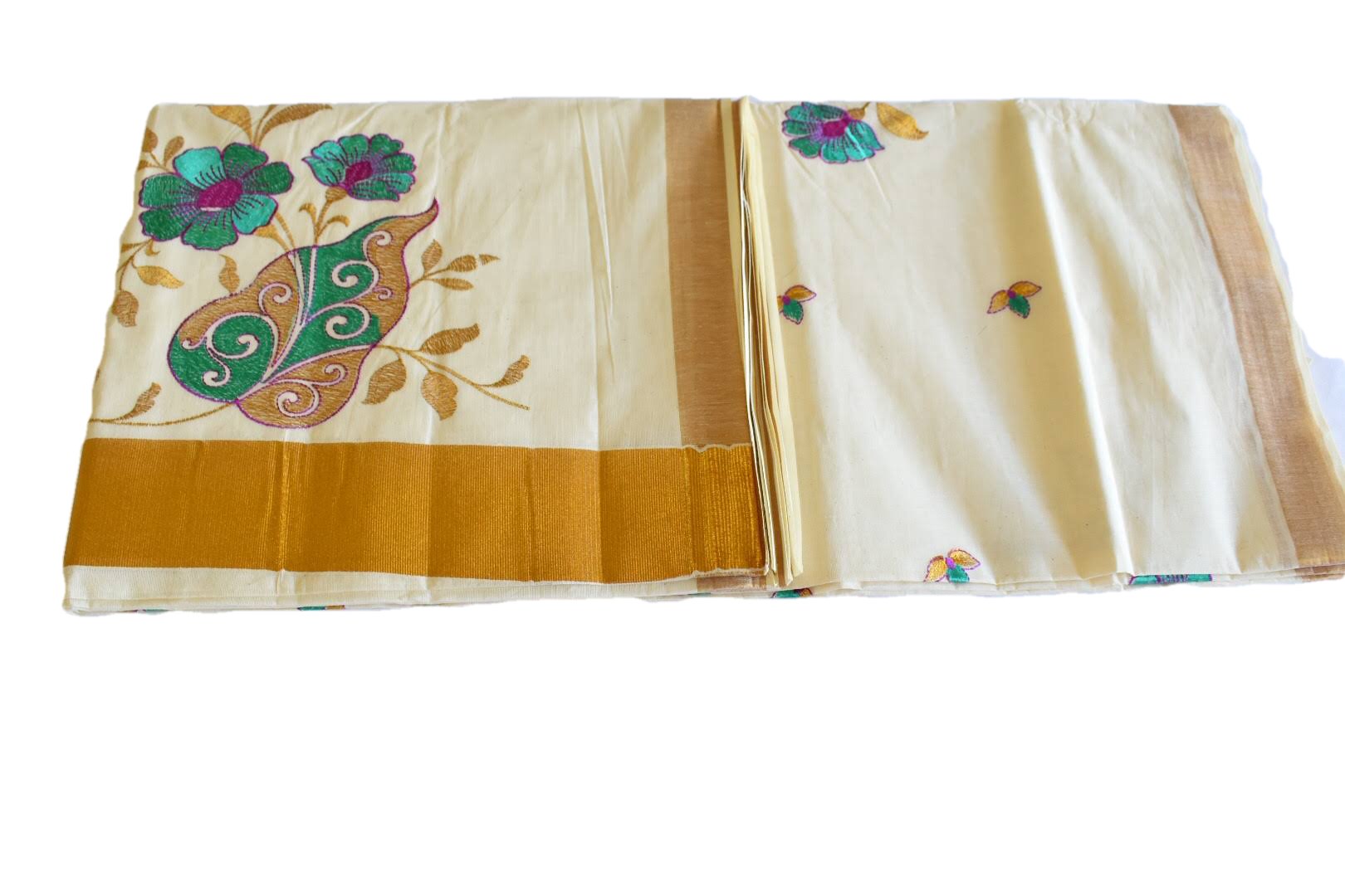Ivory White Color - South Kasavu Cotton Saree - Pure Silk Thread Embroidered - Flower Embroidery VI