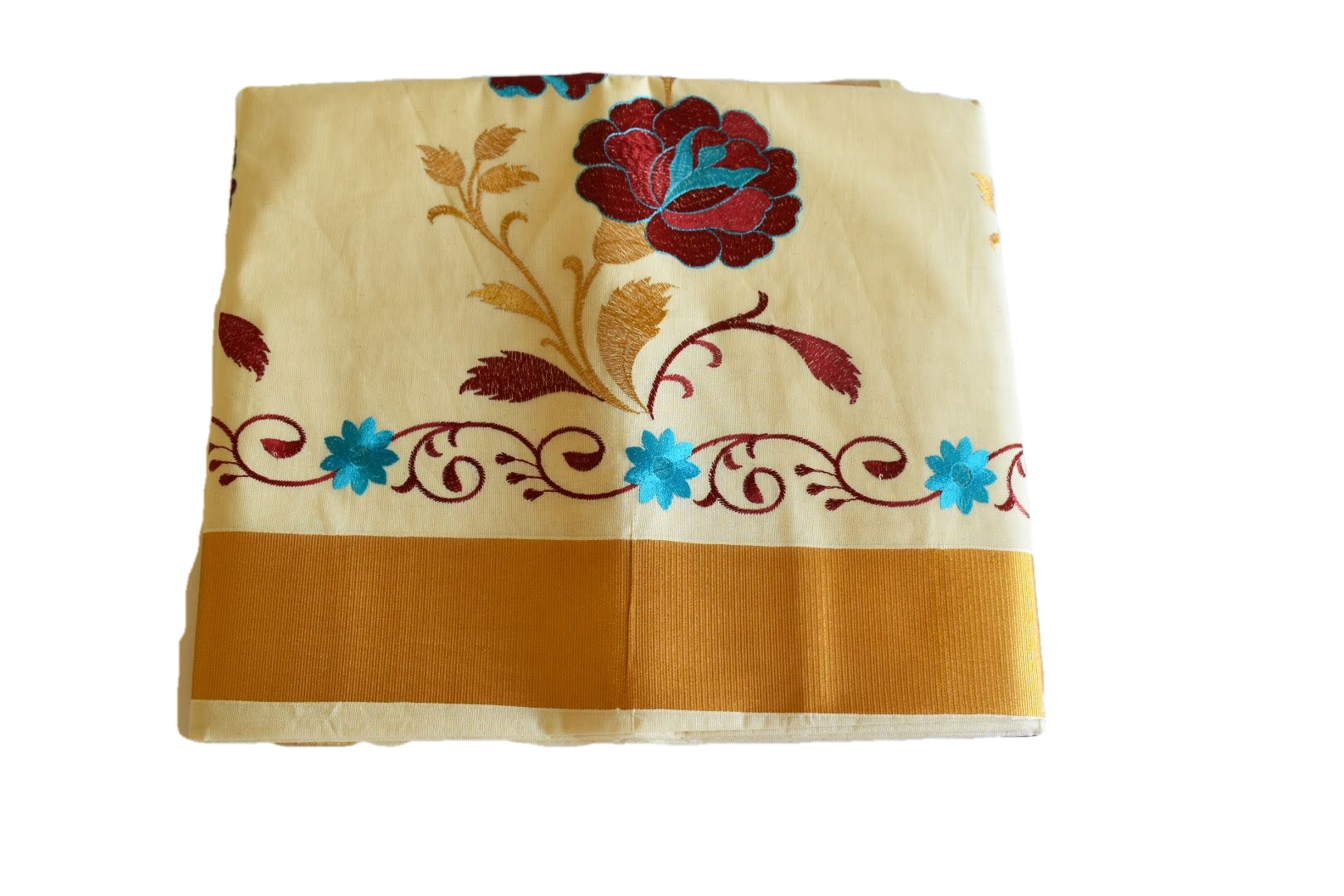 Ivory Cream Color - Kasavu Mul Mul Cotton Saree - Pure Silk Thread Embroidered - Flower Embroidery