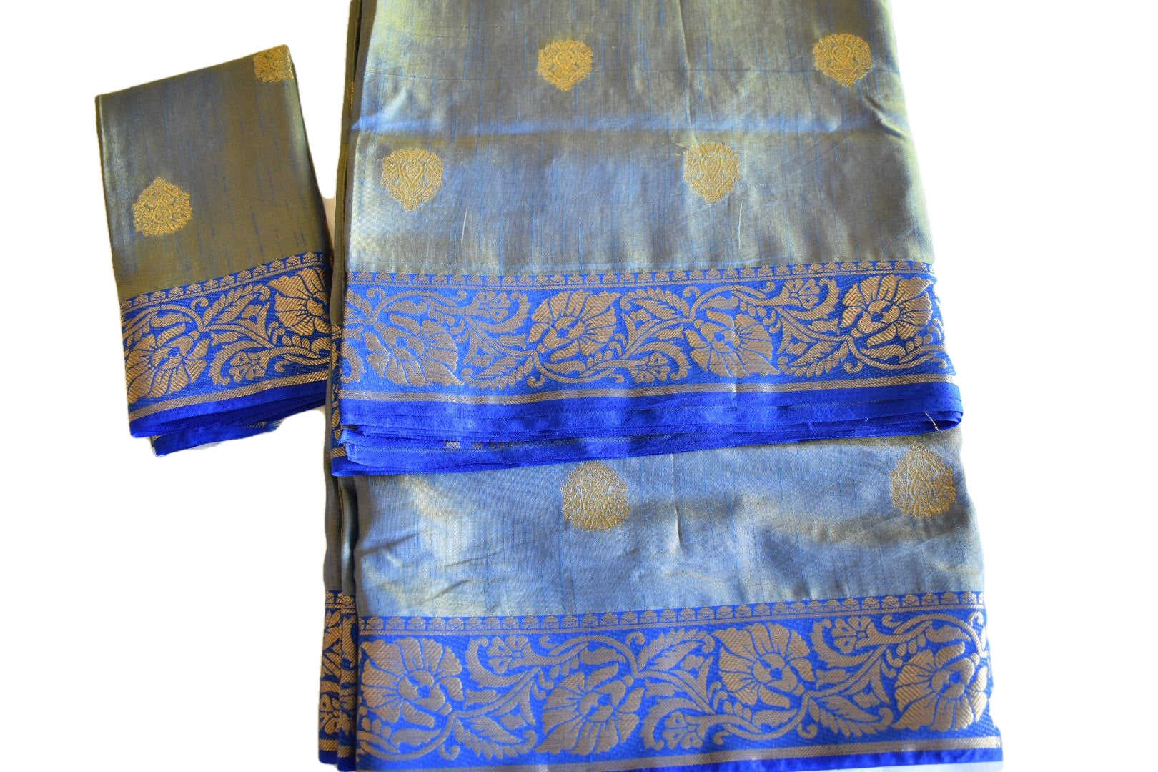 Soft Silk Blend Saree - Indigo Blue Two-Tone Color - Pure Silk Blend Saree, Floral Zari Design