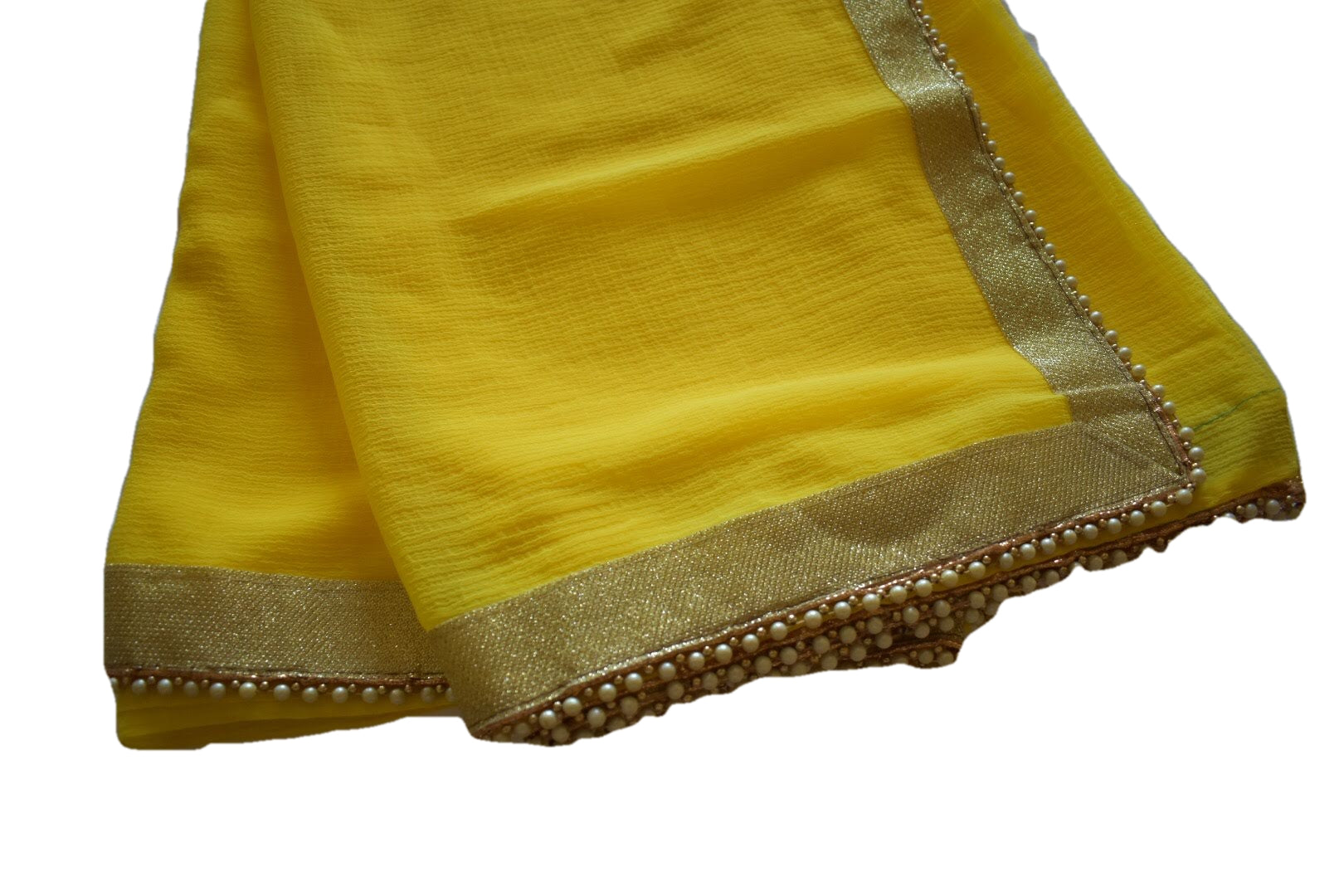 Yellow Color - Marble Textured Chiffon Saree - Golden Lace Border - Pearl Beads border