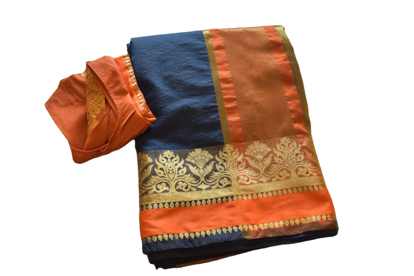 Navy Blue Color - Cotton Silk Saree - Silk Zari Temple Pattern - Stitched Saree Blouse - Size 30/32