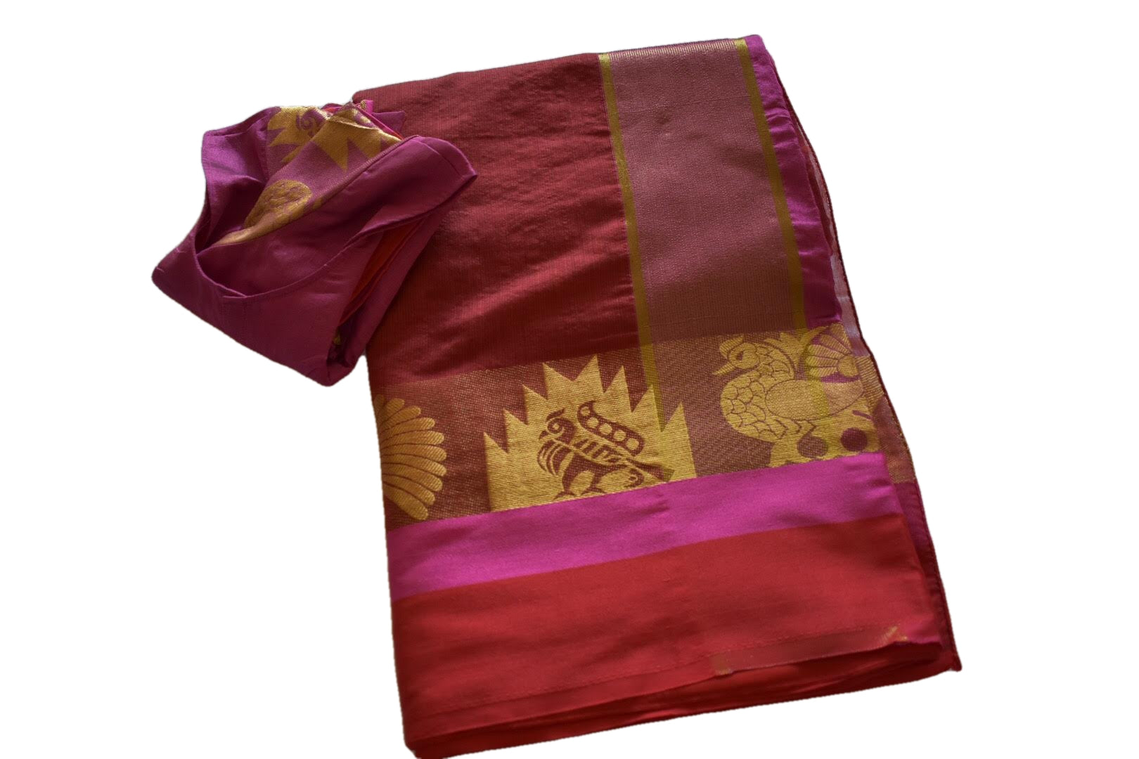 Dark Red Color - Cotton Silk Saree - Silk Zari Peacock Pattern - Stitched Saree Blouse - Size 30/32