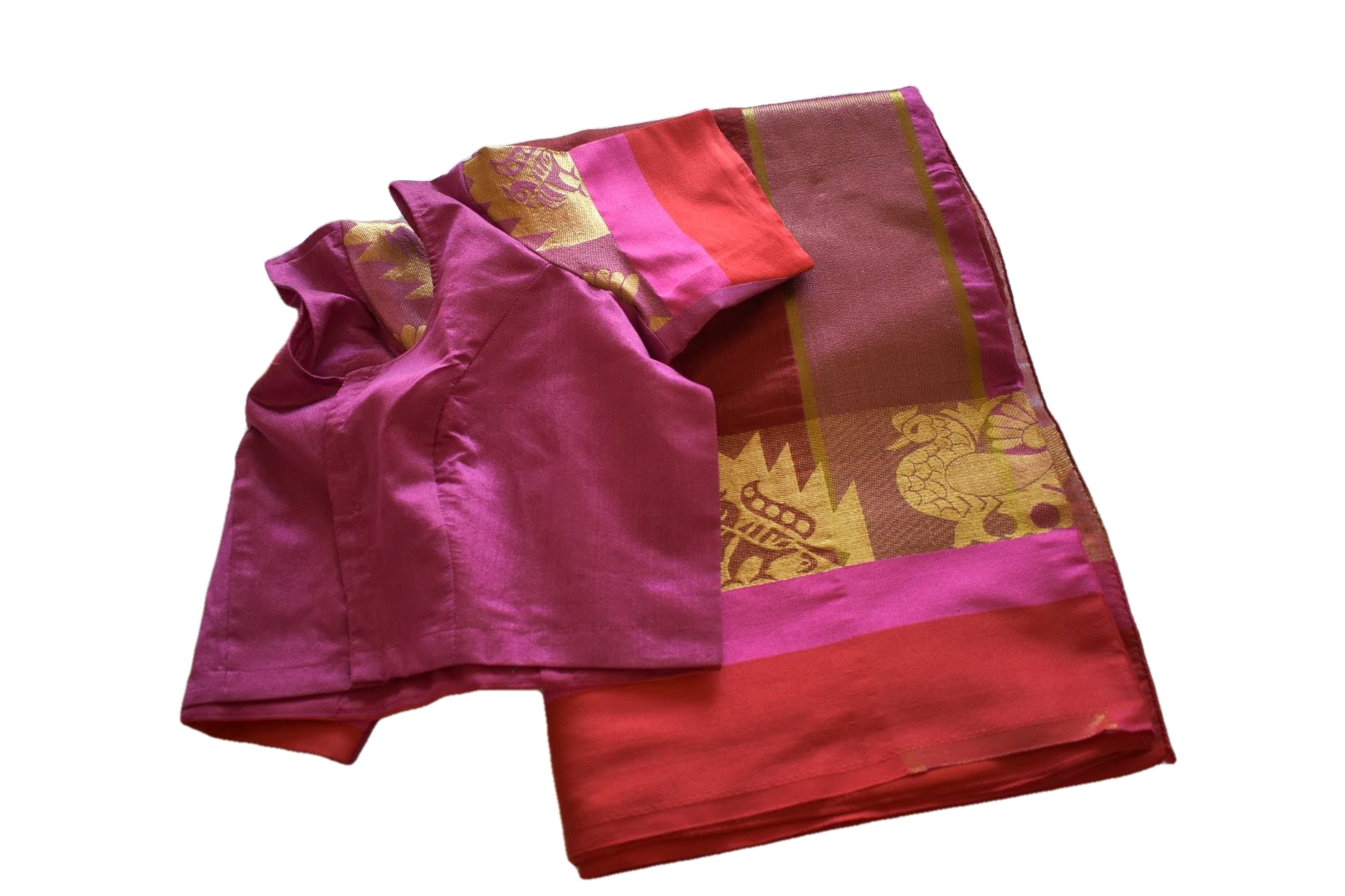 Dark Red Color - Cotton Silk Saree - Silk Zari Peacock Pattern - Stitched Saree Blouse - Size 30/32