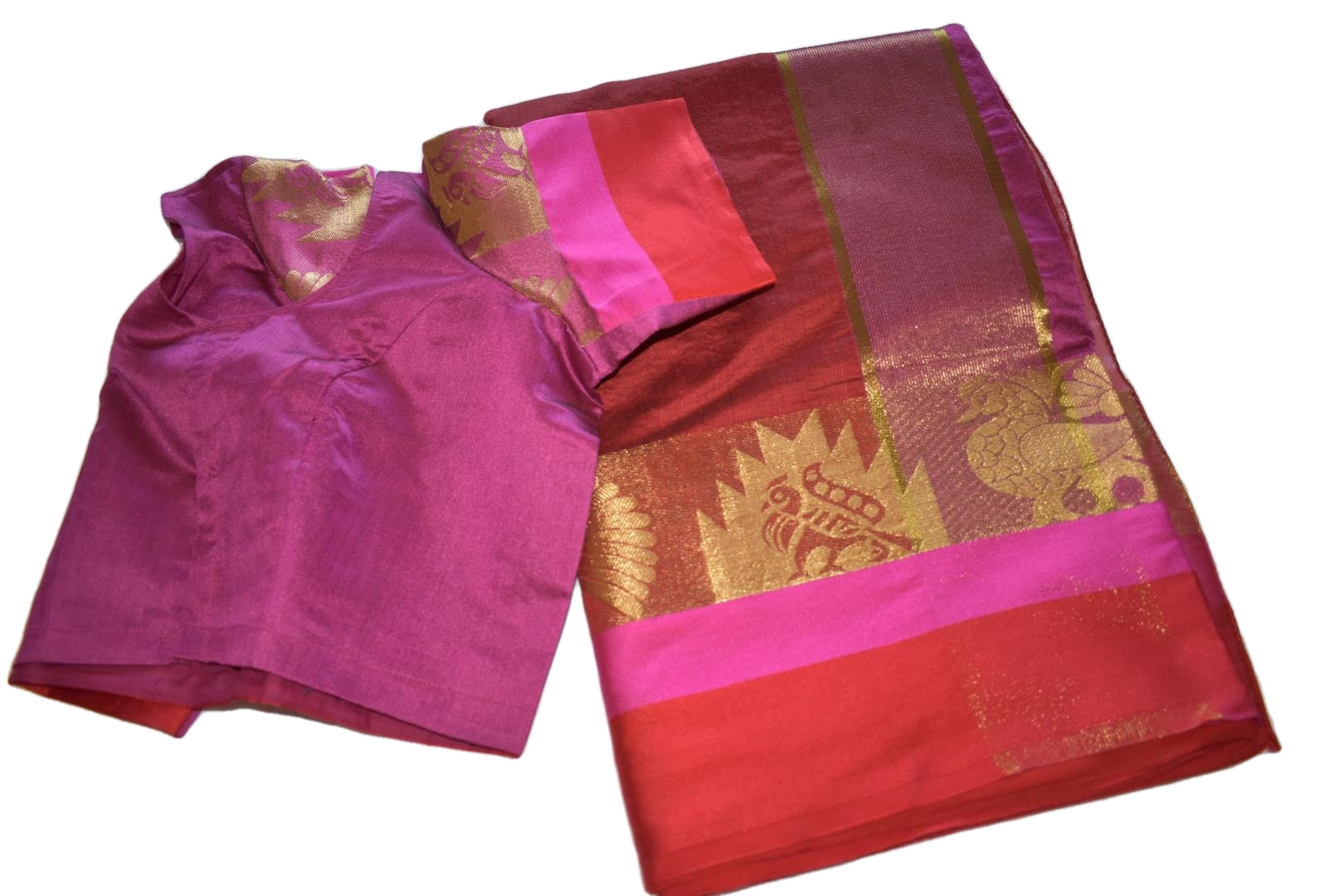 Dark Red Color - Cotton Silk Saree - Silk Zari Peacock Pattern - Stitched Saree Blouse - Size 30/32