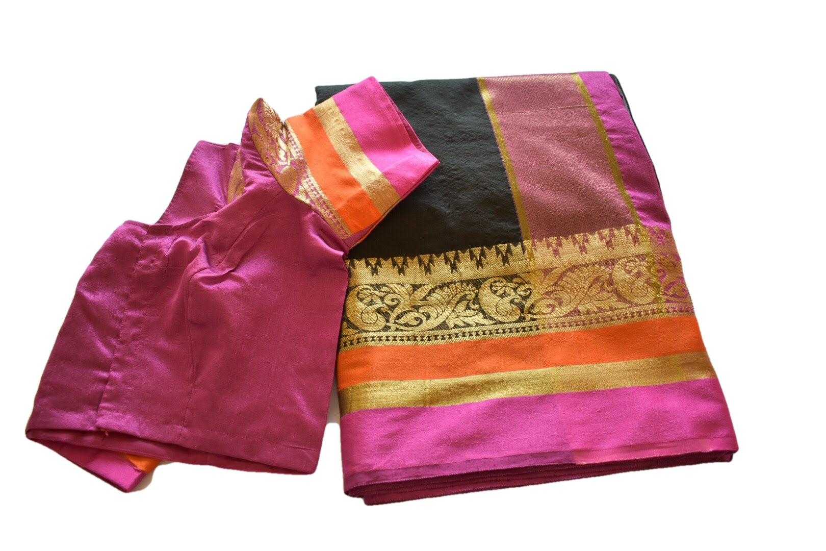 Black Color - Cotton Silk Saree - Silk Zari Peacock Pattern - Stitched Saree Blouse - Size 30/32