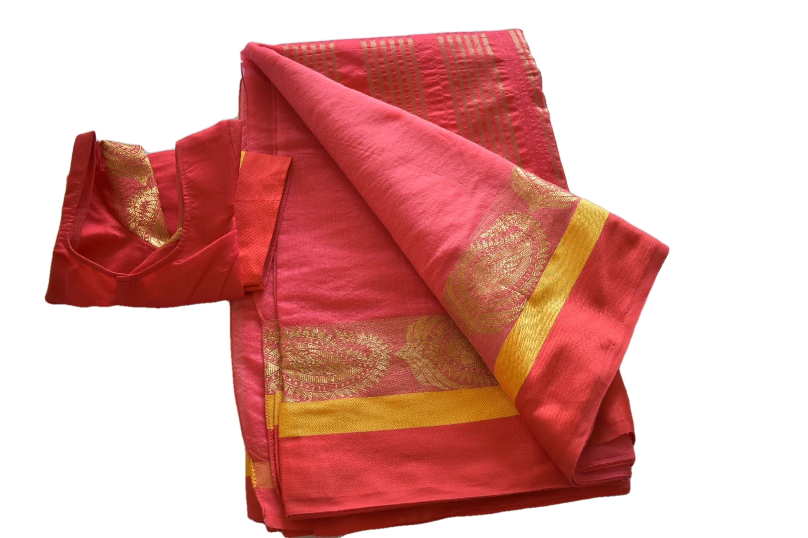 Crimson Red Color - Silk Cotton Handloom Saree - Silk Zari Mango Pattern - Stitched Saree Blouse - Size 30