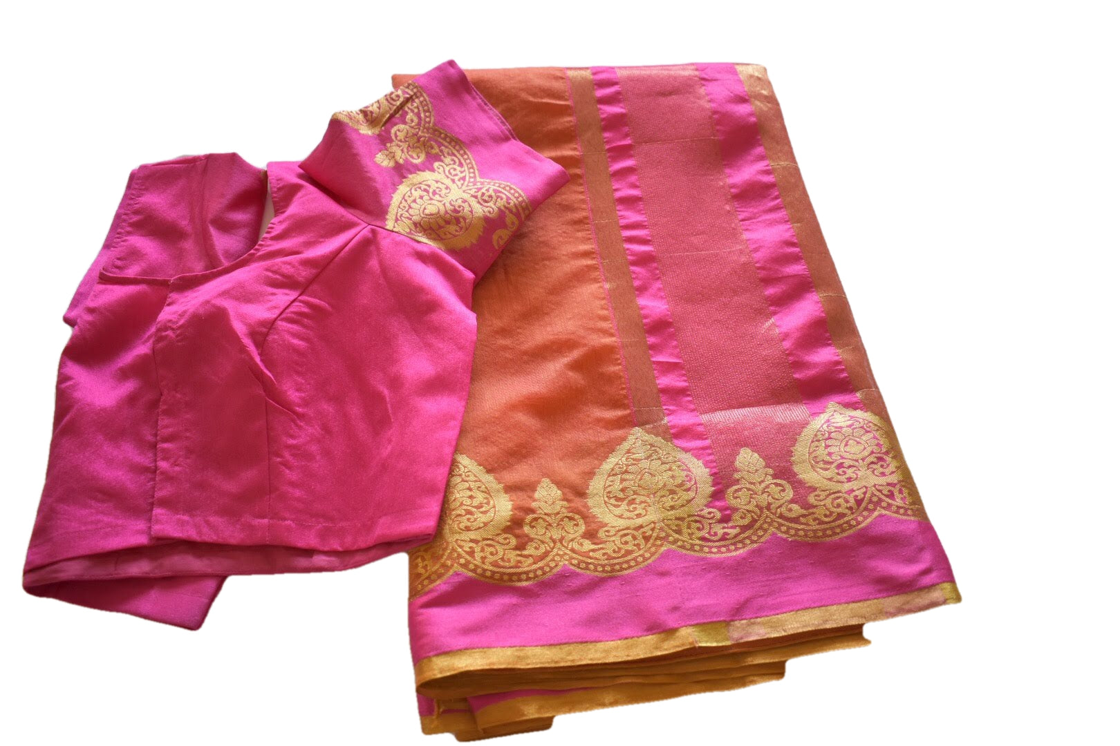 Light Orange Color - Cotton Silk Saree - Silk Zari Artistic Pattern - Stitched Saree Blouse - Size 30/32