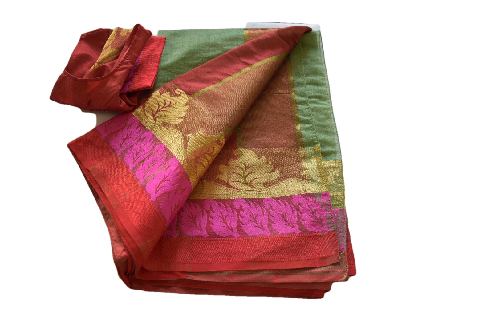Green Color - Cotton Silk Saree - Silk Zari Leaf Pattern - - Stitched Saree Blouse - Size 30 /32