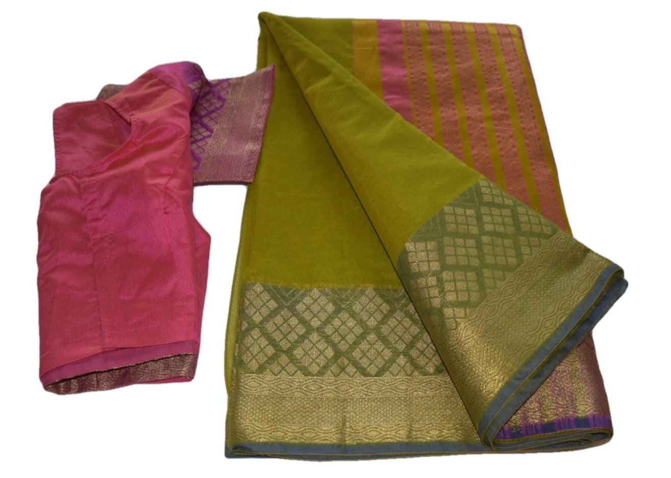 Green Color - Silk Cott/32on Saree - Silk Zari Diamond Pattern - Stitched Saree Blouse - Size 30