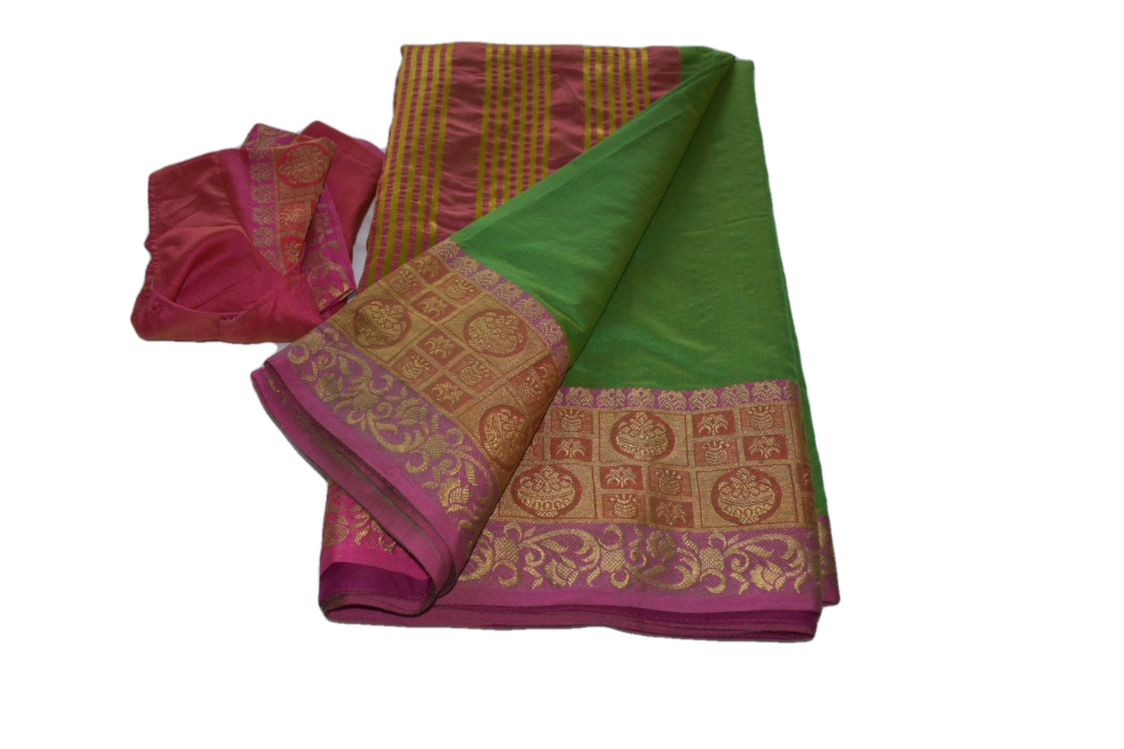 Green Color - Silk Cotton Handloom Saree - Silk Zari Kalasha Pattern - Stitched Saree Blouse - Size 30