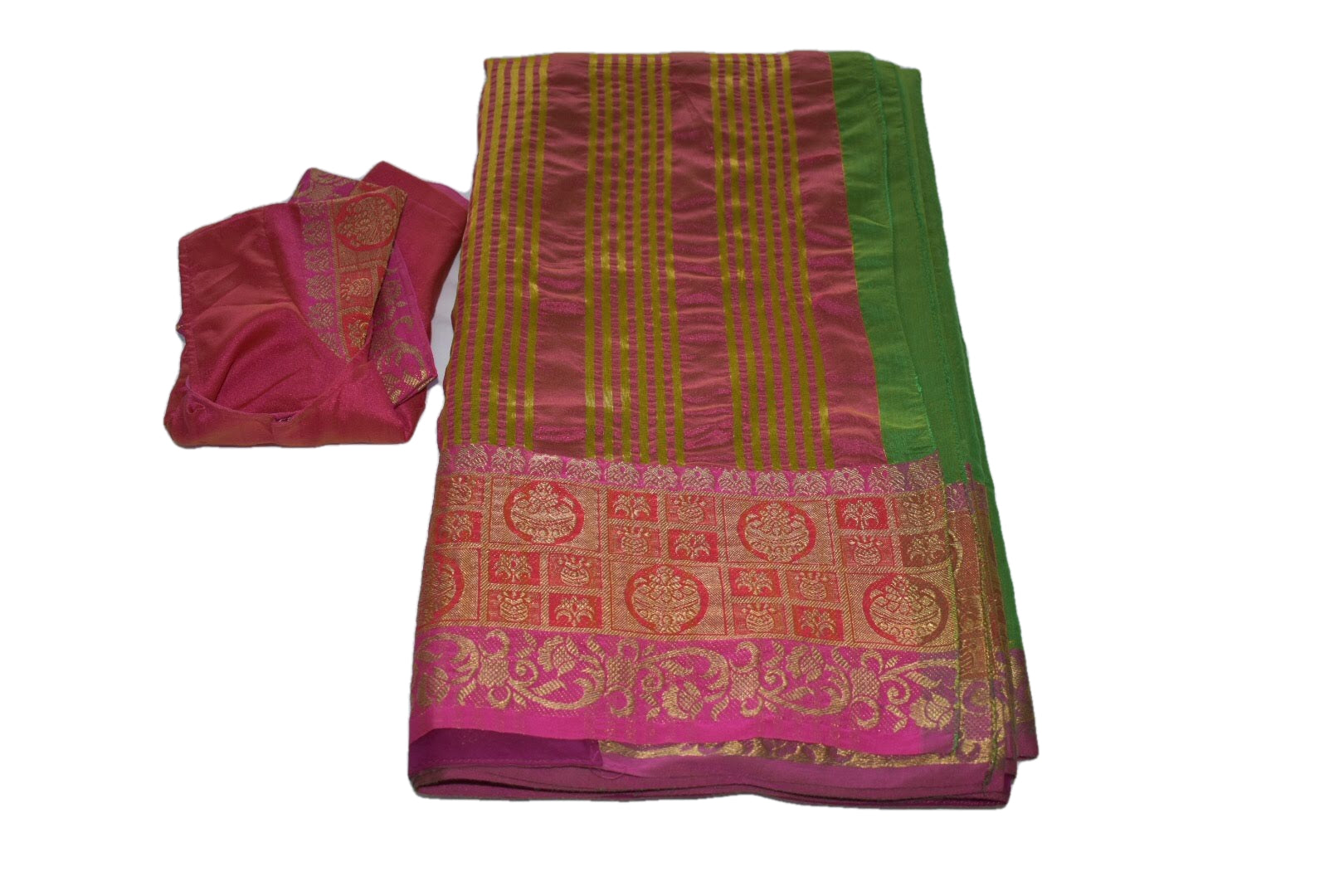 Green Color - Silk Cotton Handloom Saree - Silk Zari Kalasha Pattern - Stitched Saree Blouse - Size 30