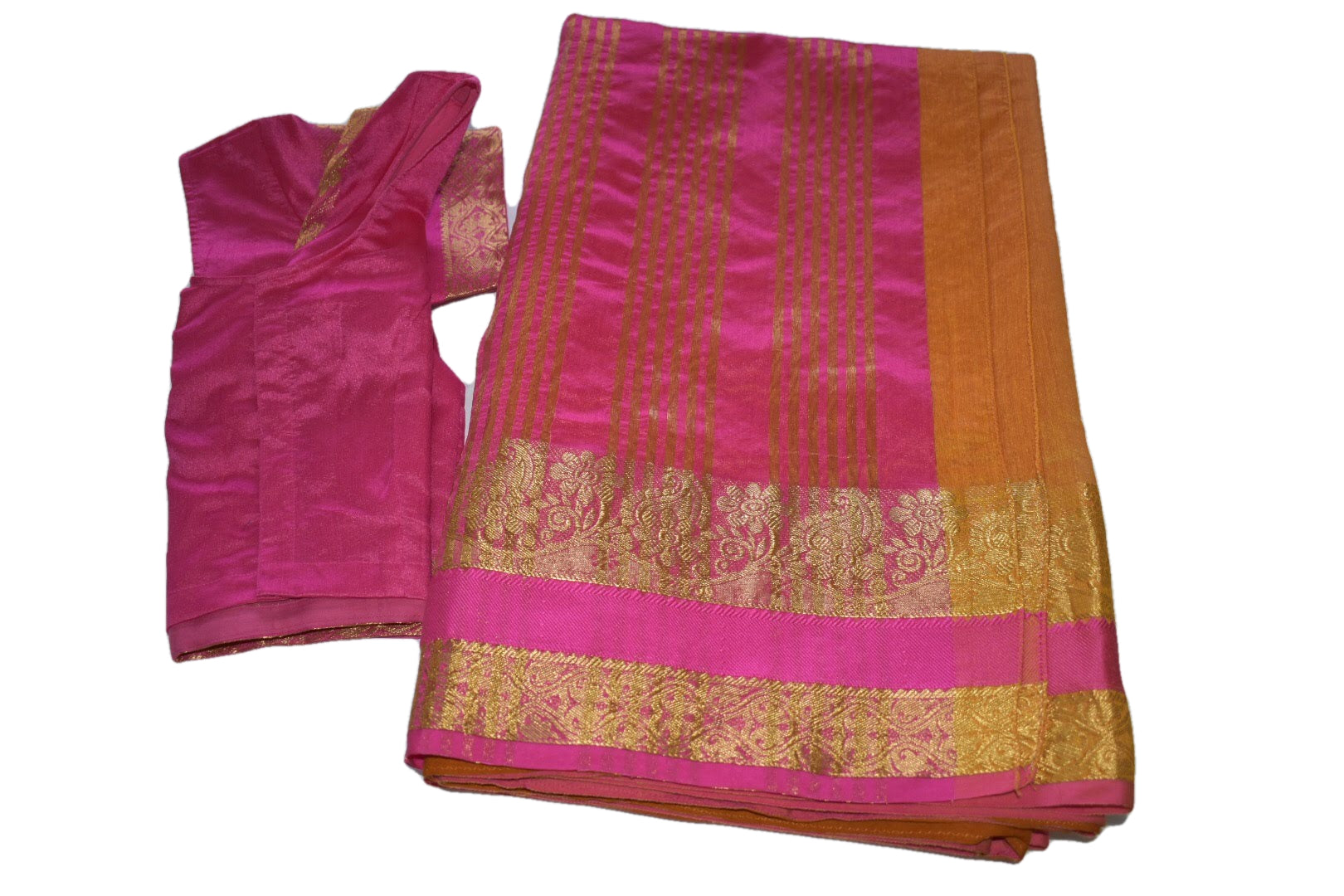 Dark Yellow Color - Cotton Silk Saree - Silk Zari Veena Tabla Pattern - Stitched Saree Blouse - Size 30/32