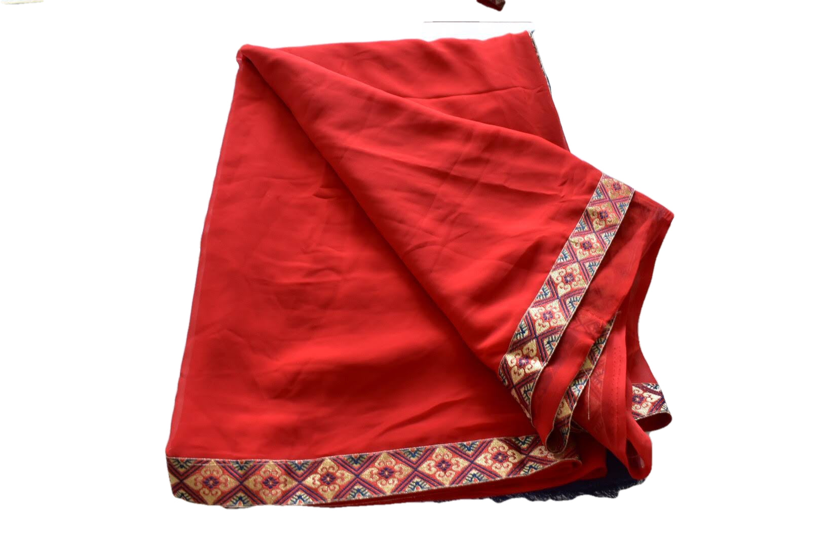 Red Maroon Saree Color - Georgette Saree - Silk Zari Lace Border - Gold Silk Blouse - Slim arms- Size 34