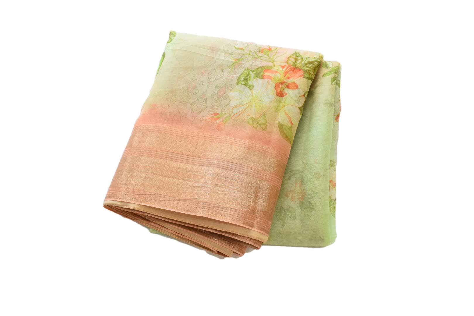Pastel Green I - Organza Georgette Silk Saree -  Floral  Pattern - Silk Zari Border And Pallu