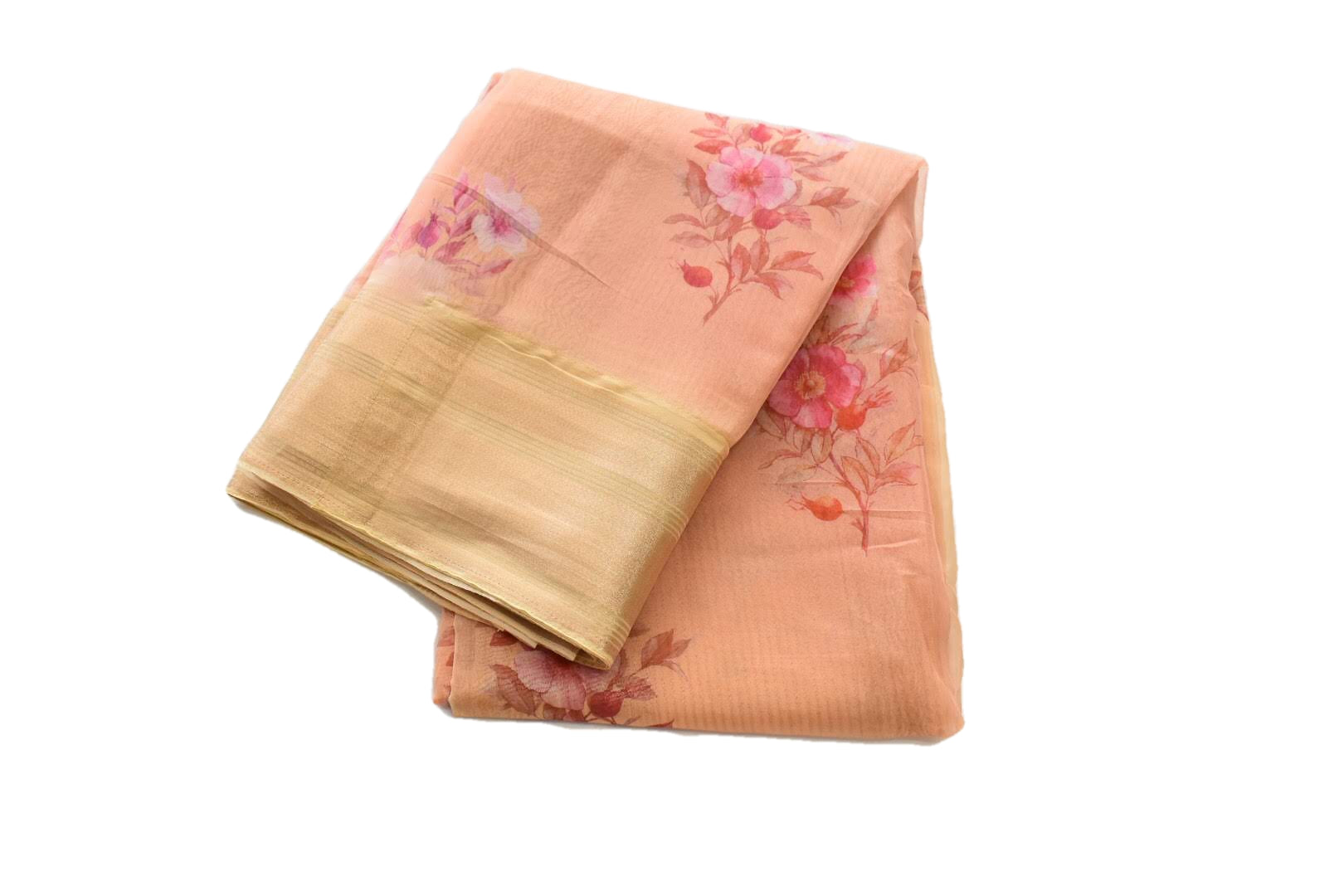 Pastel Peach II -Organza Georgette Silk Saree -  Floral  Pattern - Silk Zari Border And Pallu