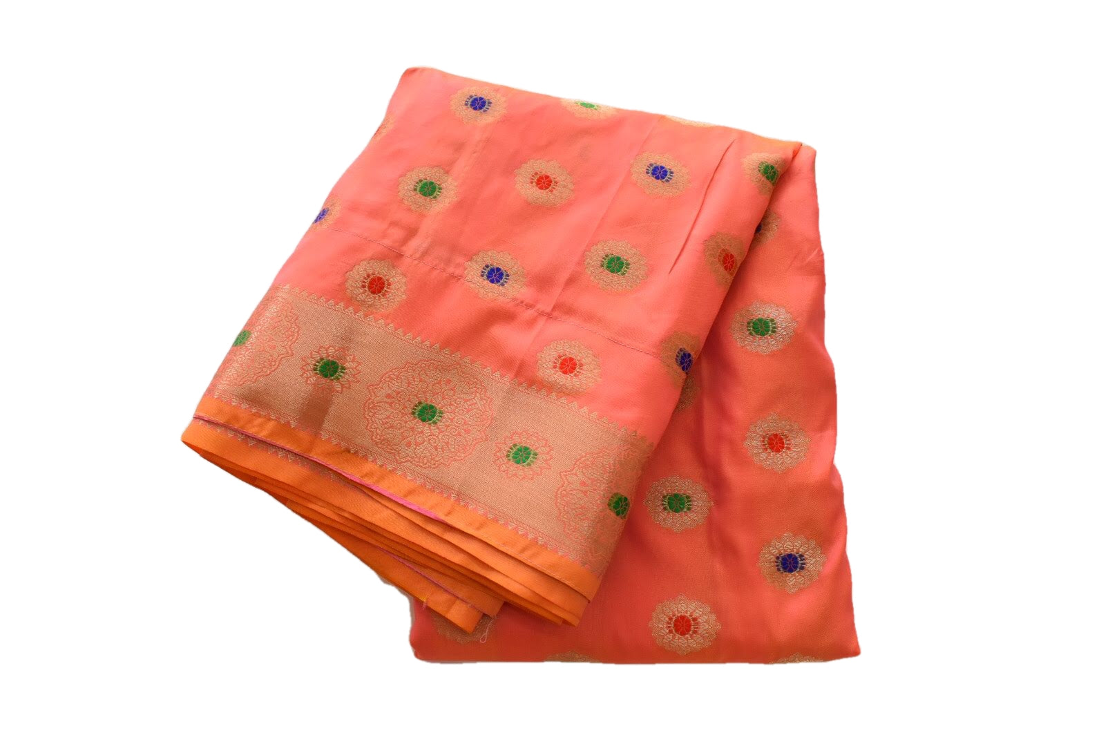 Pink Peach Color - Banaras Silk Saree- Satin Weave -  Gold Zari Silk Thread Pattern