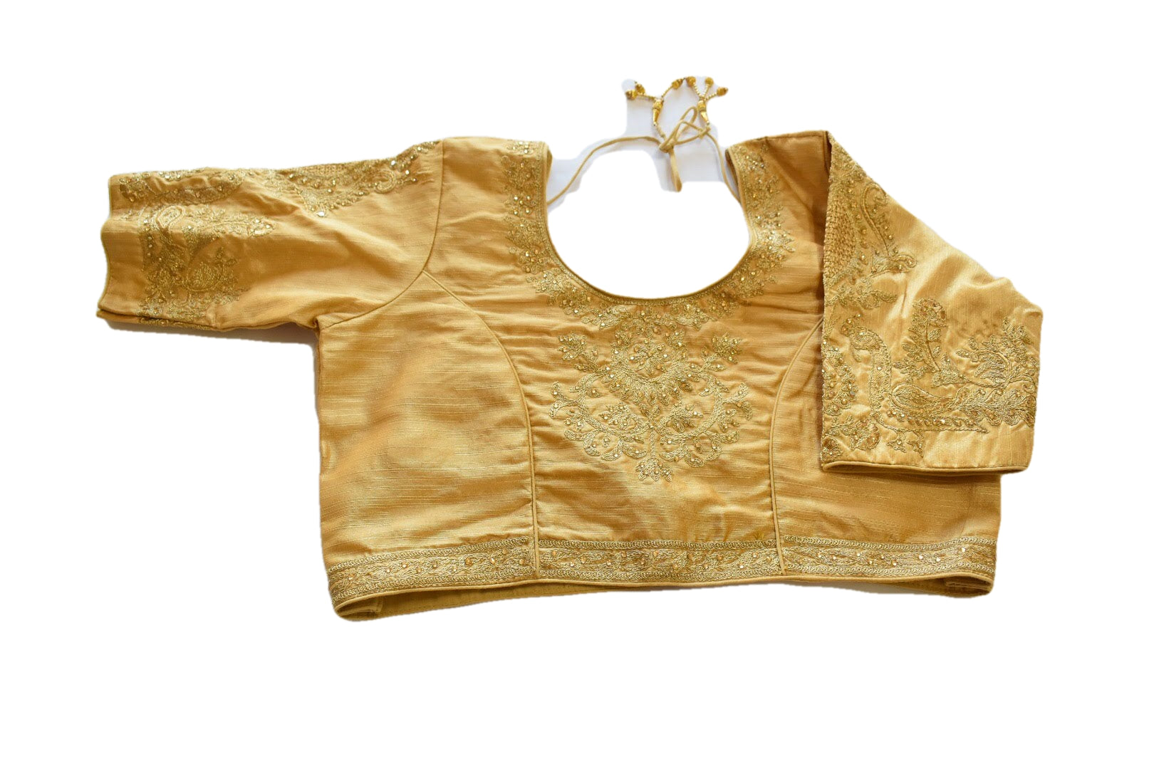 Gold Color - Pure Raw Silk Blouse - Silk Zari Thread Heavily Embroidered And Kundan Beads