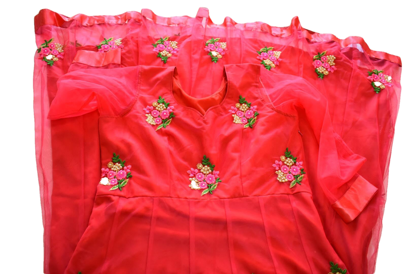 Red Pink Color - Chiffon Net- Embroidered Floral Pattern - Anarkali Gown Kurti - Junior size. Big Girls size - 18 plus