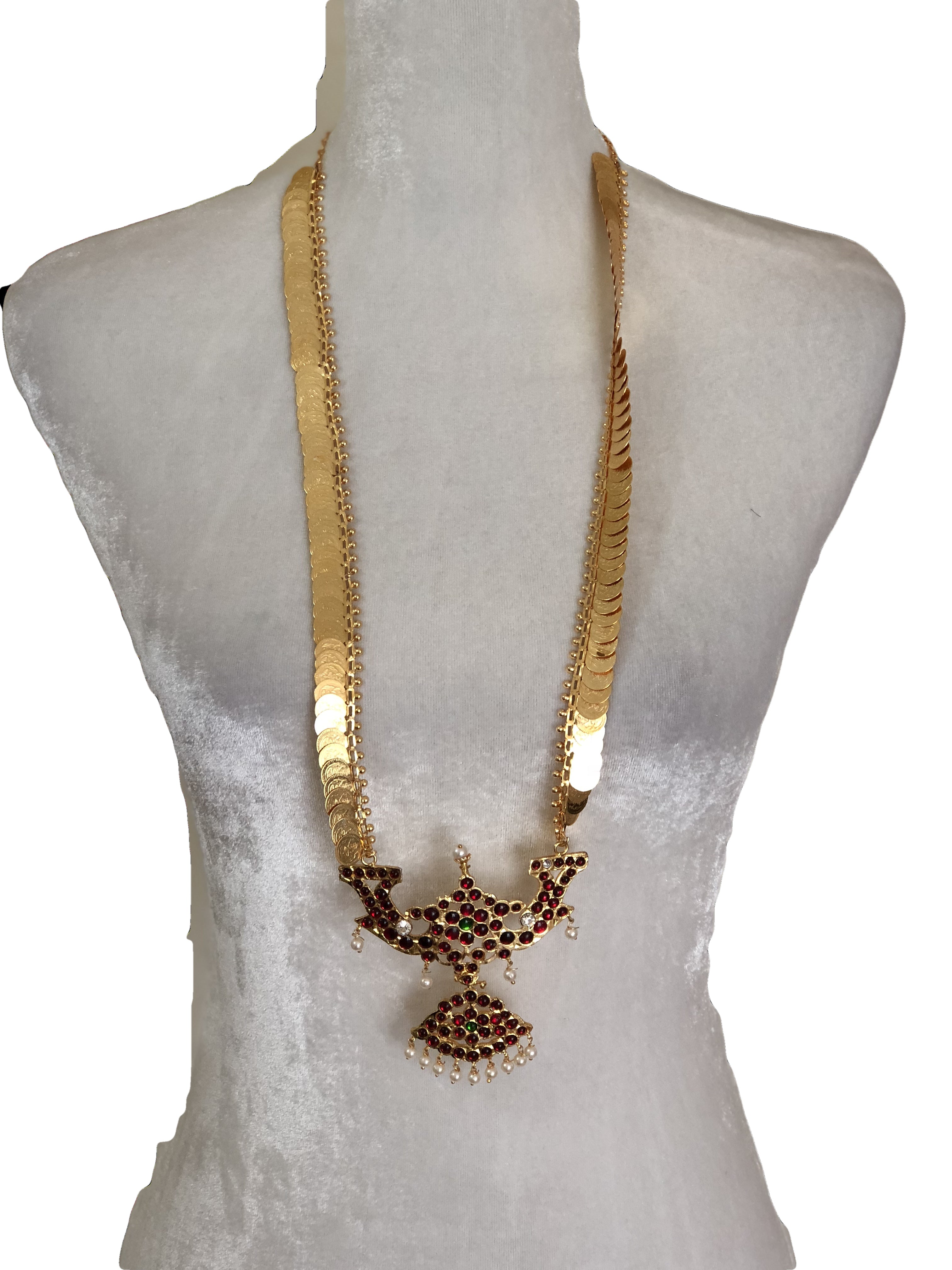 Goddess Laxmi Coin - Gold Plated Long Necklace - Gold Plated Pendant with Kemp stones and White Pearl Beads