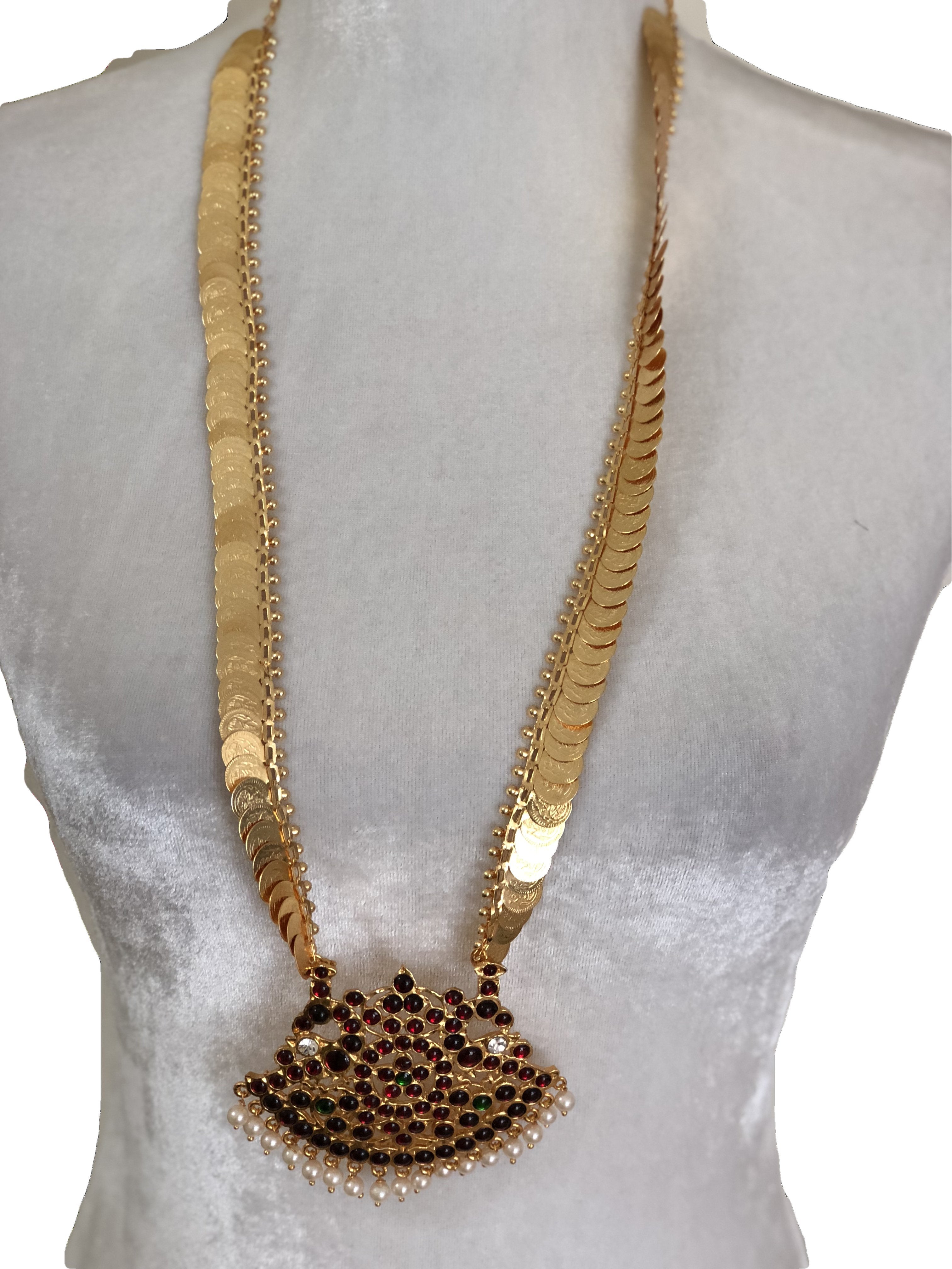 Goddess Laxmi Coin - Gold Plated Long Necklace - Gold Plated Pendant with Kemp stones and White Pearl Beads